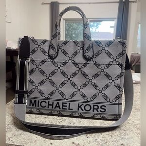 Michael Kors Black and Gray Signature Tote with Leather Trim